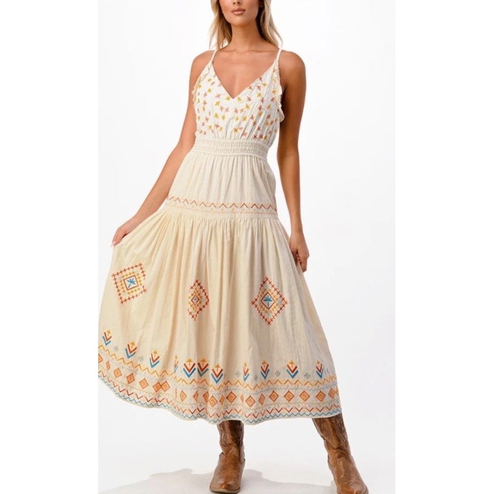 Miss Me Cream Embroidered Midi Dress with Yellow & Blue Accents